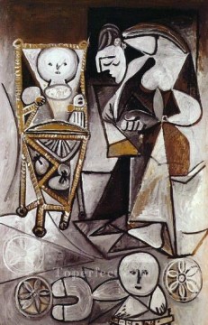 抽象的かつ装飾的 Painting - Femme qui dessine entouree de ses enfants 1950 キュビズム